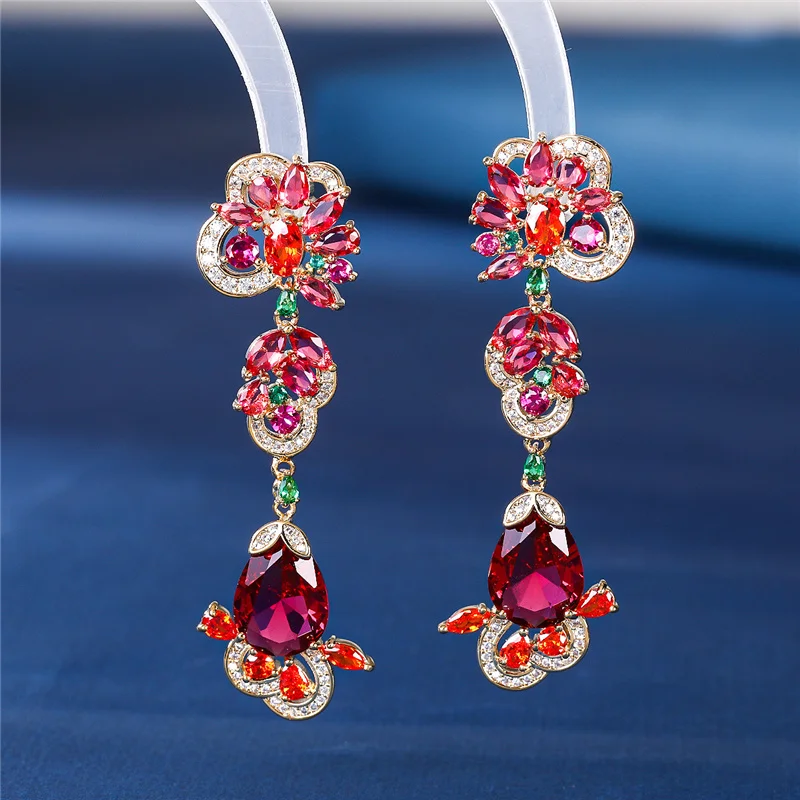 

Romantic Women Gold Color Royal Red Cubic Zirconia Luxury CZ Water Drop Dangle Engagement Earrings Jewelry boucle oreille femme