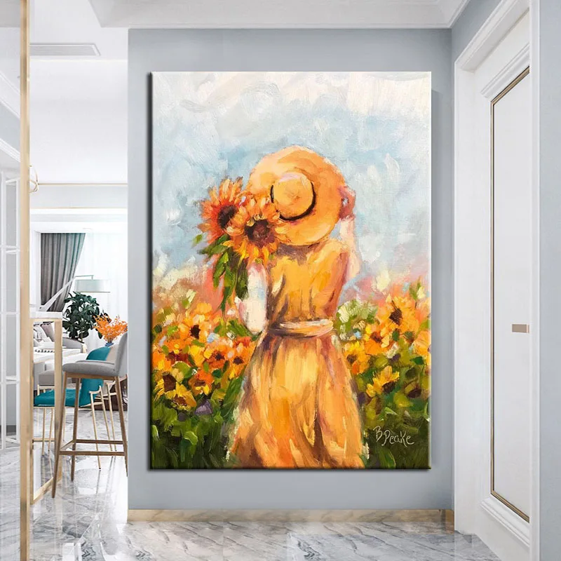 

100% Hand Painted Canvas Art Girl Oil Paintings Modern Yellow Abstract Decoration Wall Art Living Room Decor no Framed Pictures