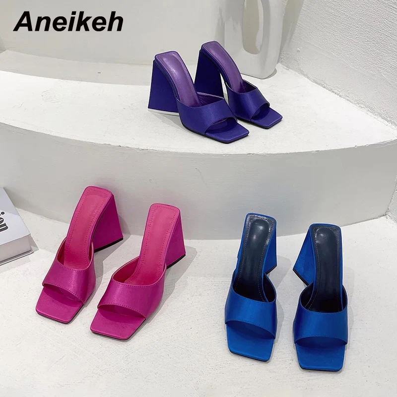 Aneikeh Women's Shoes Silky Wide Band Triangle High Transparent High Heel Comfortable Mules Concise Slip-On Outdoor Slippers 41