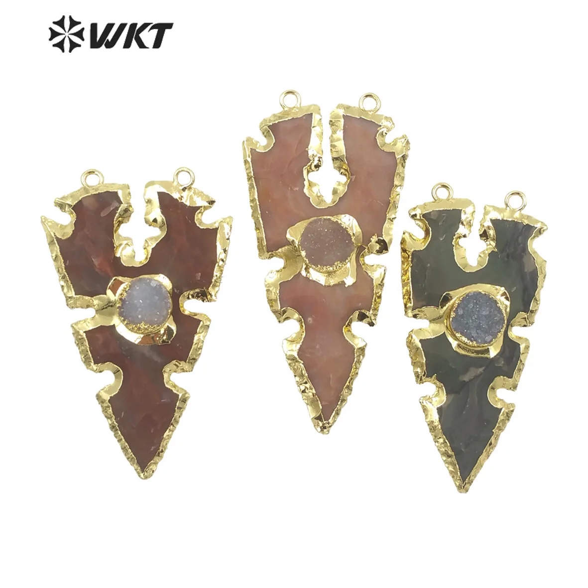 

WT-P1735 Super Current Stylish Natural Gemstones Maple Leaf Style Gold Edge Pendants With Double Ring Necklace