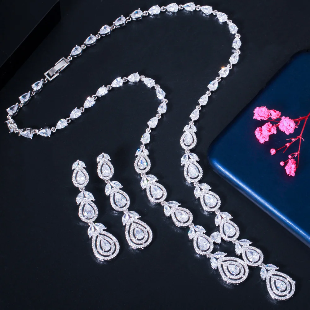 Pera Hot Pink Cubic Zirconia Silver Color Long Leaf Drop Necklace and Earrings for Bridal Luxury Party Wedding Jewelry Sets J416