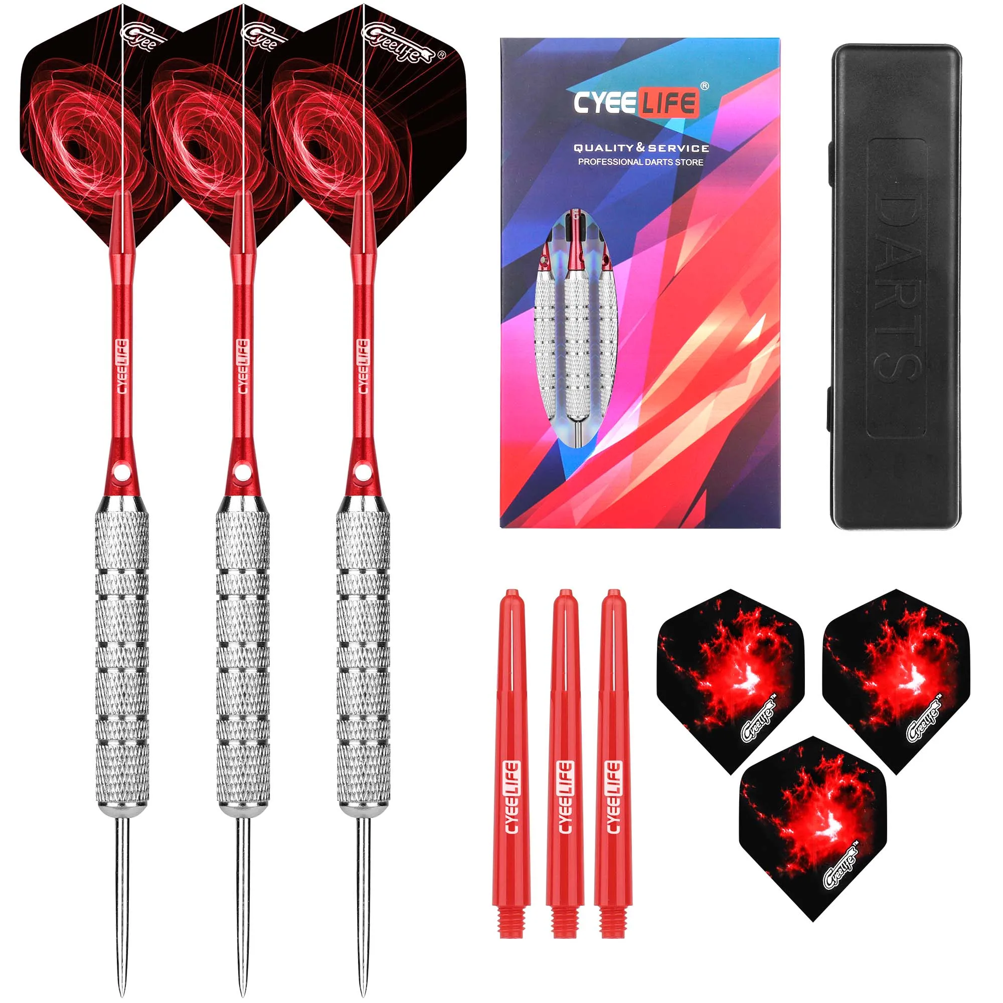 CyeeLife 18/20/22/28 Grams Pro Steel Tip Dart set with box,Aluminium shafts&6pcs PET Flights, PC shafts