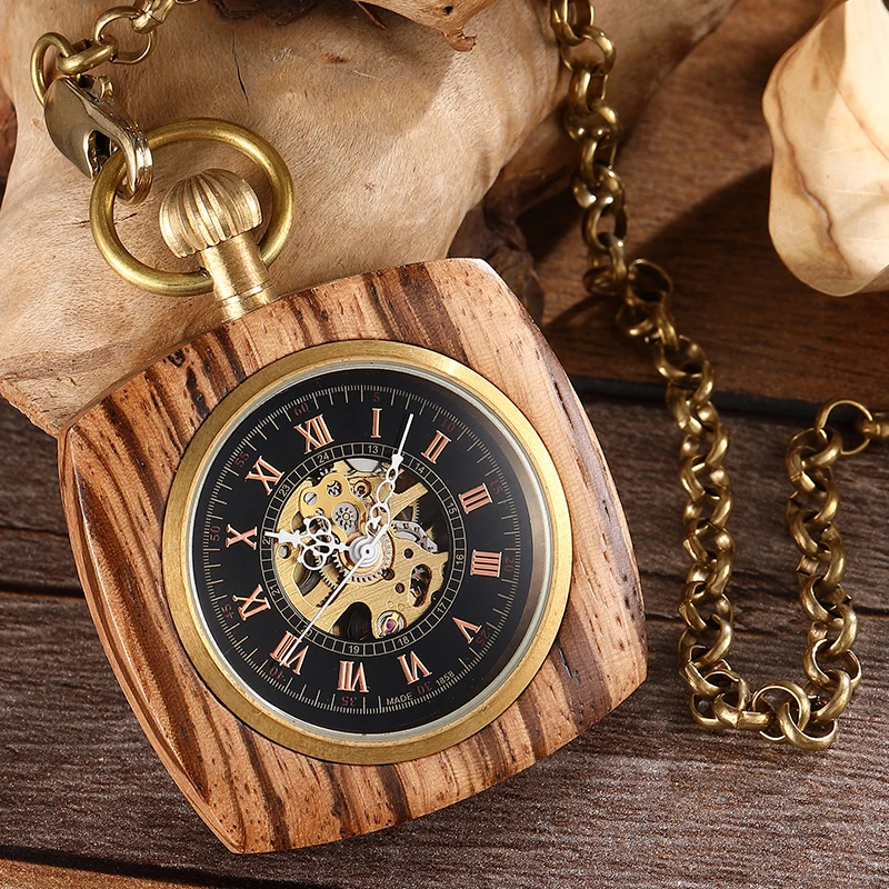 Wooden Mechanical Pocket Watch for Men Antique Golden Square Zebra Wood Case Gold Back Engraved Fob Chain Clock Dropshipping