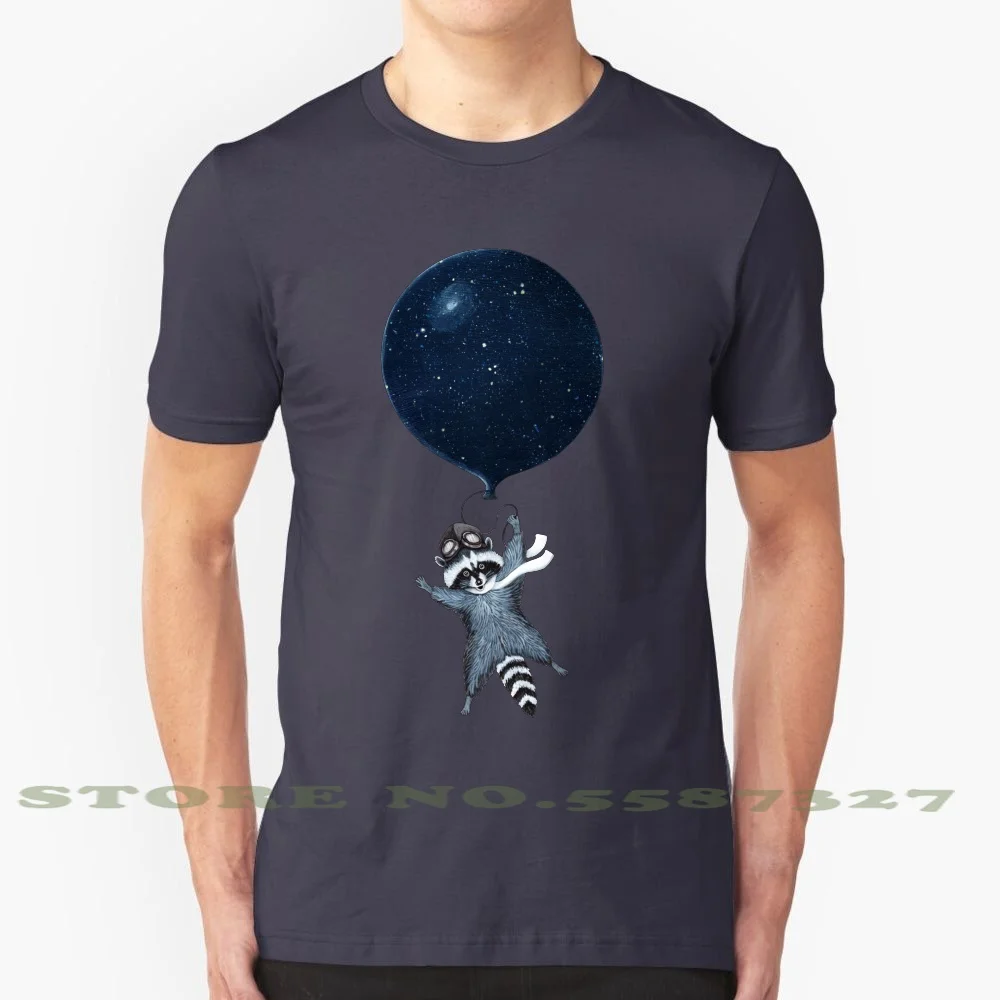 Raccoon 100% Cotton T-Shirt Raccoon Racoon Pilot Space Balloon Night Sky Stars Animal Nature Cute