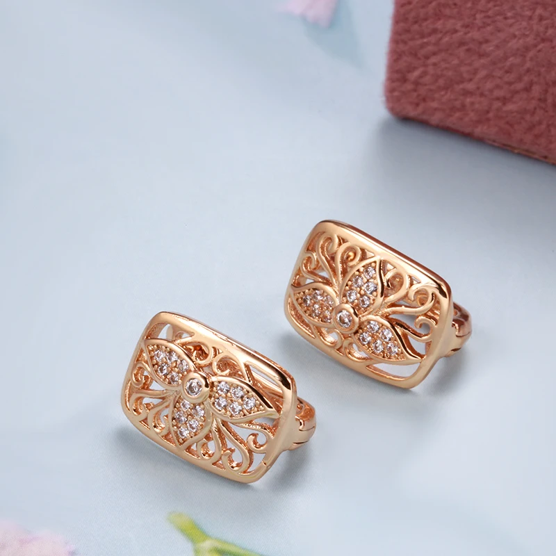 Kinel New 585 Rose Gold Earrings Rings Sets for Women Natural Zircon Flower Ring Vintage Bride Wedding Jewelry Sets Party Gift