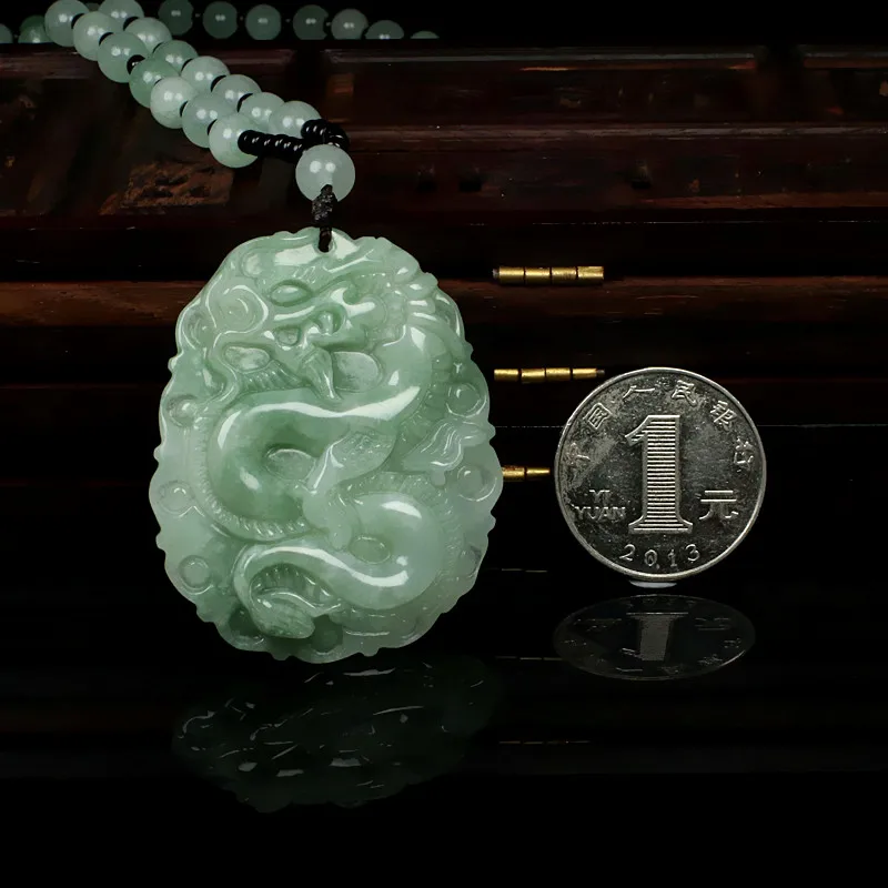 Nature Myanmar Jade Dragon Pendant Amulet Mala Bead hanging Necklace Chinese animal signs