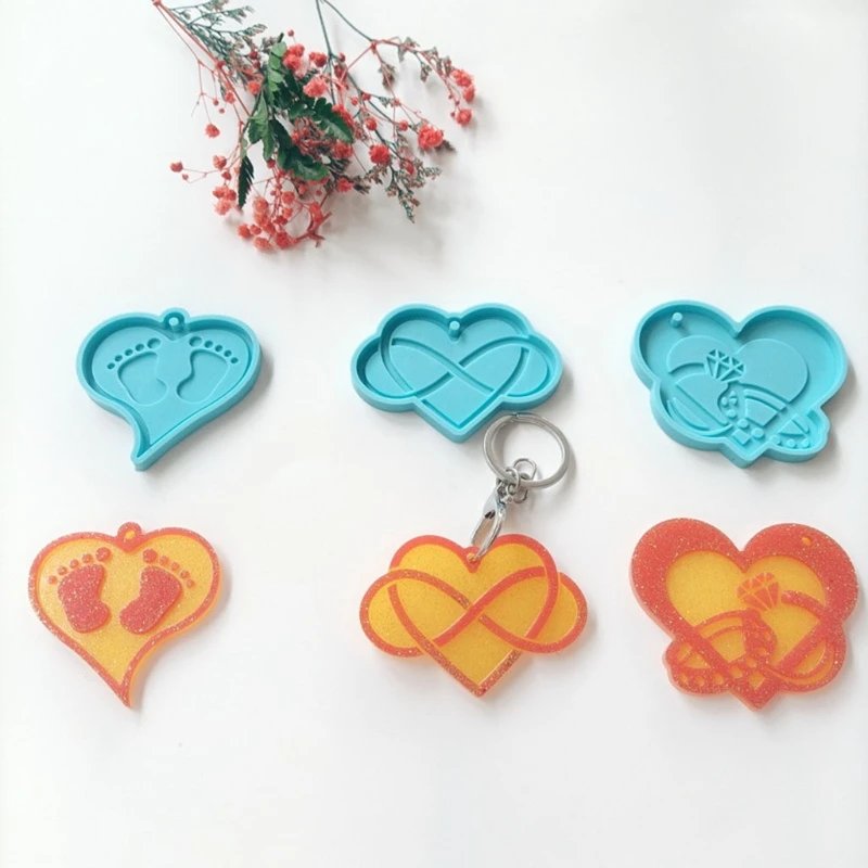 3 Pcs DIY Love Heart Keychains Epoxy Resin Mold Necklace Pendant Silicone Mould