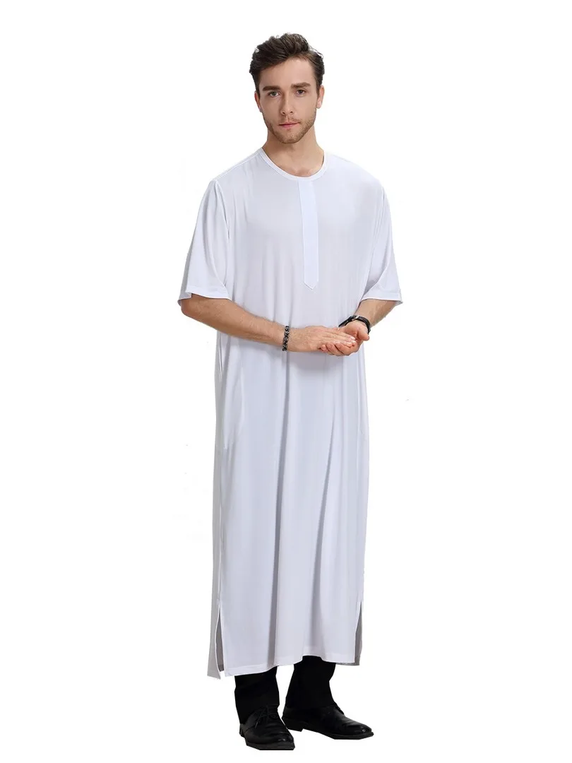 Islamic Men\'s Clothing Abaya Robe Muslim Jubba Thobe Short Sleeve Loose Shirt Dress Jilbab Moslem Middle East Kaftan Dubai Arab