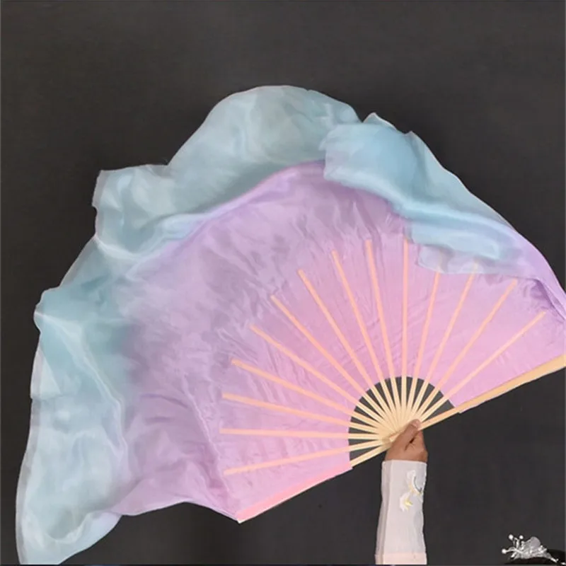 Real Silk Veil 1 Pair Colorful Yangko Dancing 100% Silk Bamboo Veils Dancer Short Fan Gradient Color 16\