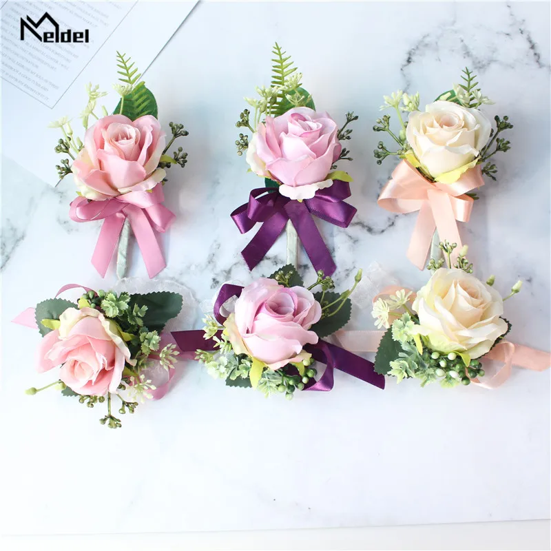 Meldel Faux Rose Groom Boutonniere Bunga Pernikahan Pergelangan Tangan Korsase Gelang Pengiring Pengantin Pita Pernikahan Korsase Bunga Aksesoris