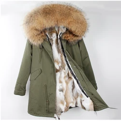 Parkas com capuz de guaxinim grande feminino, jaqueta de inverno destacável Rex forro de pele de coelho, top estilo marca, novo, 2023