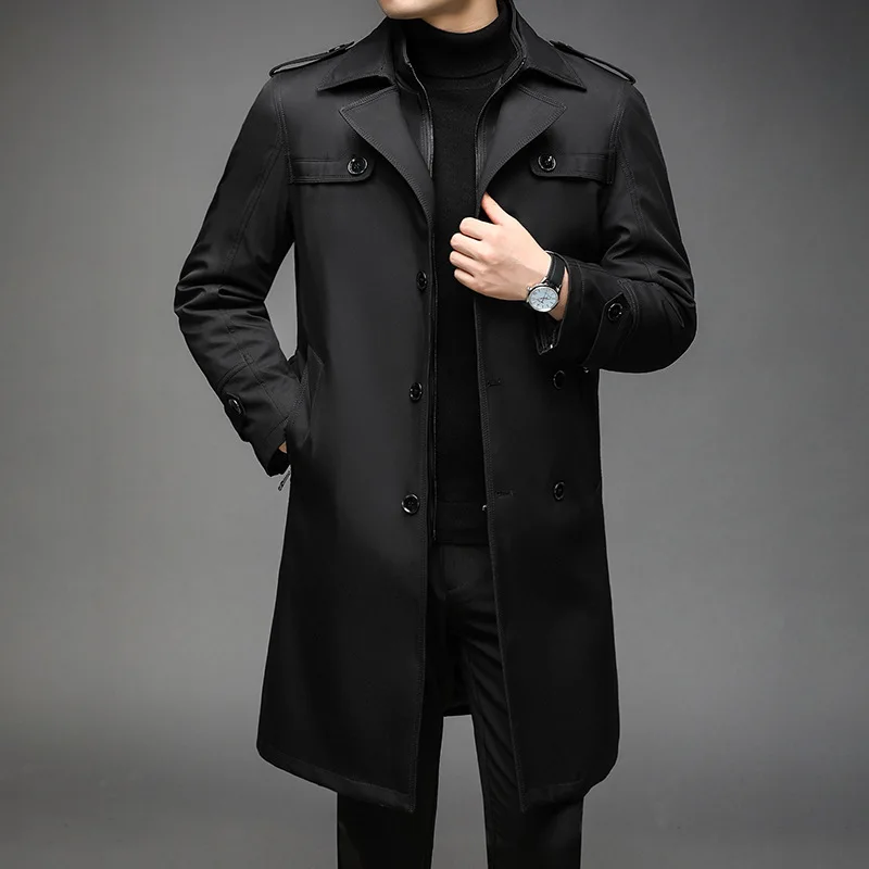 New Trench Coat Men Long Liner Detachable Smart Casual Windbreakers Mens Long Jackets Solid Color Turn Down Collar Trench Coat