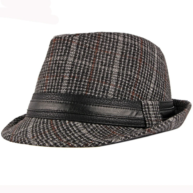 HT2774 Fedoras Autumn Winter Hat Caps for Men Vintage Plaid Wool Hat Retro Gentleman Black Band Fedora Hat Male Trilby Jazz Hat