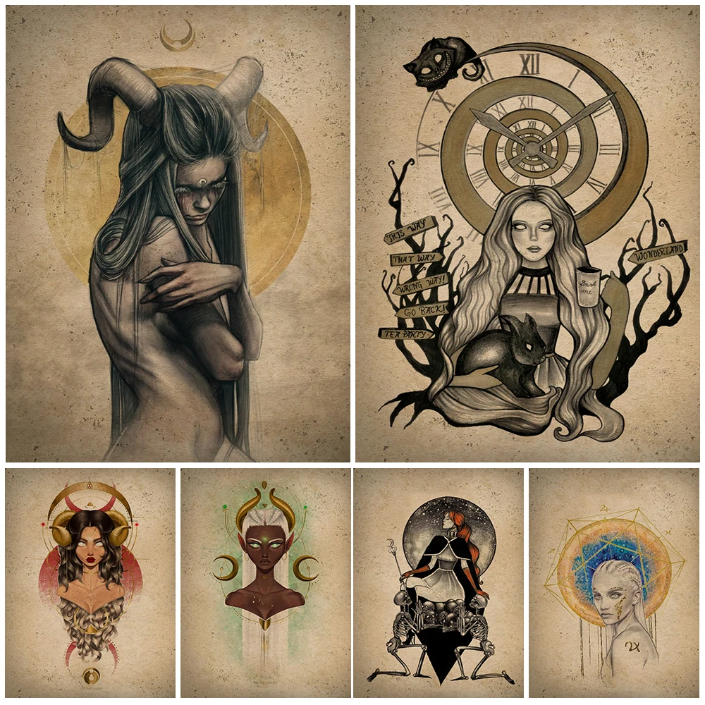 

Nymph And Vampira Dark Wall Art Canvas Painting Dragonfly,Bat,Witch Element Poster And Prints For Living Room Decor Unframed