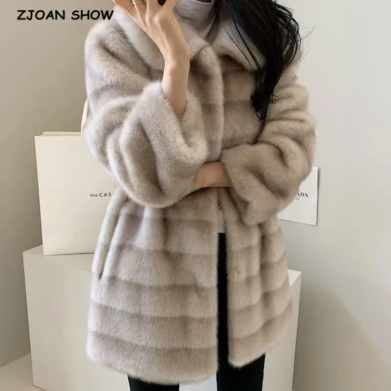 Winter Turn down Collar Lapel Hairy Shaggy Soft Faux Fur Coat Green Women Long Sleeve Furry Fur Warm Jacket Short Outerwear