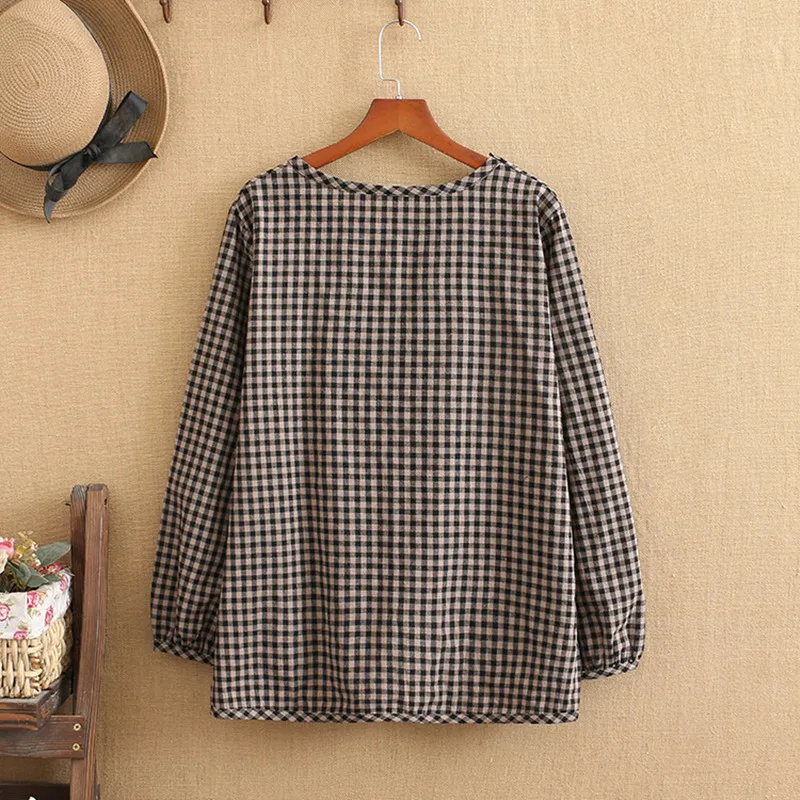 Women Plus Size 2021 Fall And Spring Clothing Trendy Round Collar Shirt Long Sleeves Checkered Pattern  Widen and Fatten Large