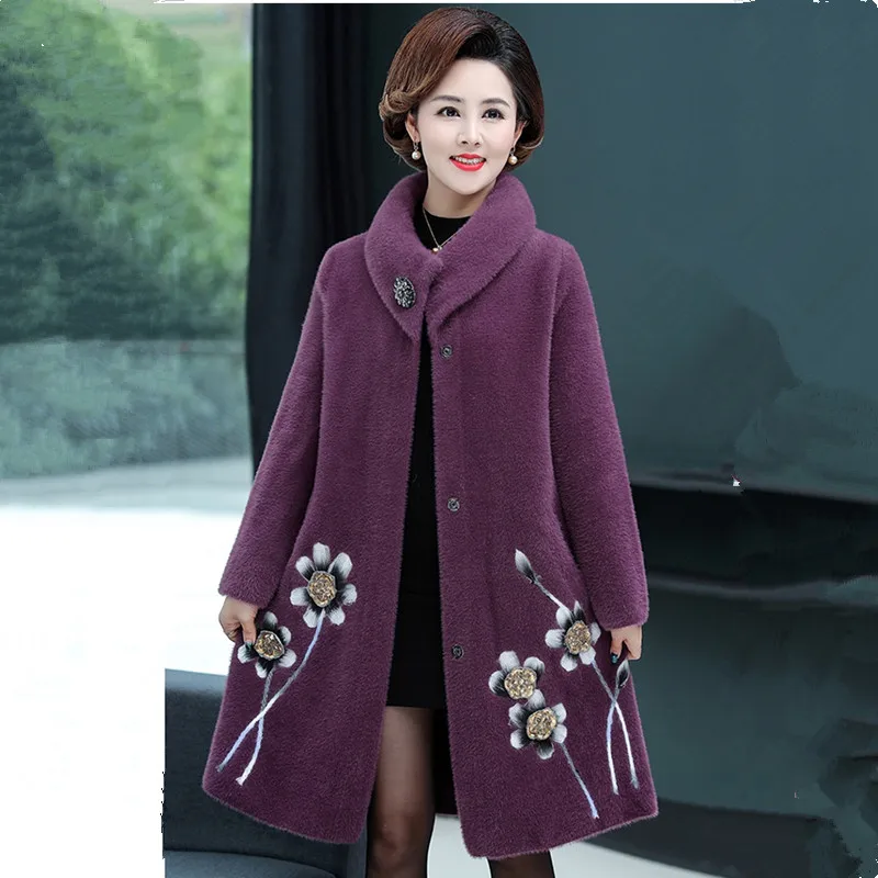 UHYTGF Quality mink cashmere autumn winter wool coat women embroidered noble cashmere warm long jacket thick Big size coats 633