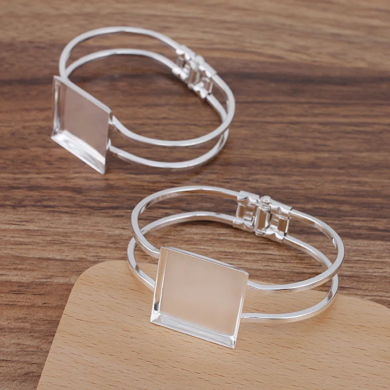 

10pcs Silver Plated Brass Blank Cuff Bangle Bases 25mm Square Deep Wall Bezel tray Spring Open Bracelet Bangle Settings DIY