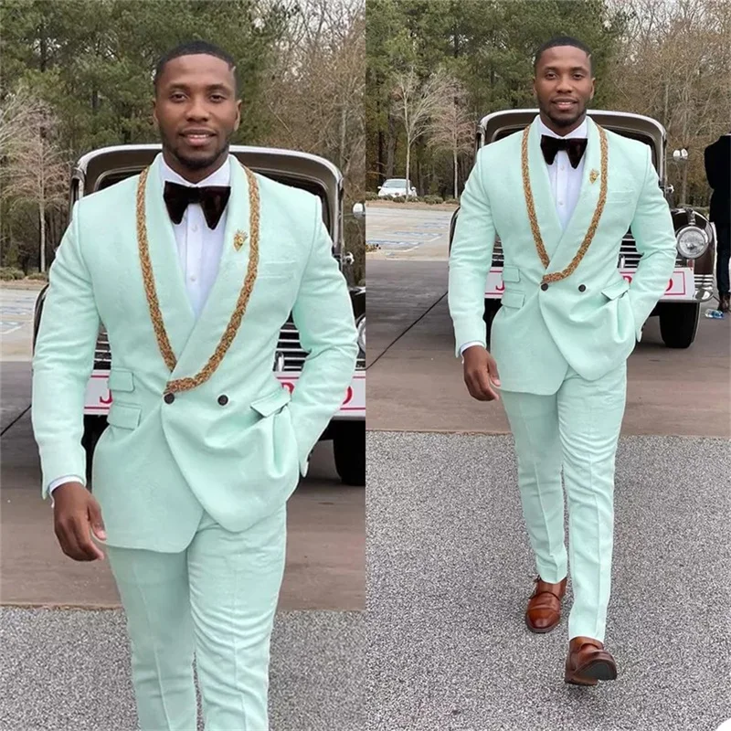 2 Pieces Men Suits Custom Made Light Green Wedding Suits With Gold Appliqued Tuxedos Peaked Lapel Blazer Business Coat+Pant Fit