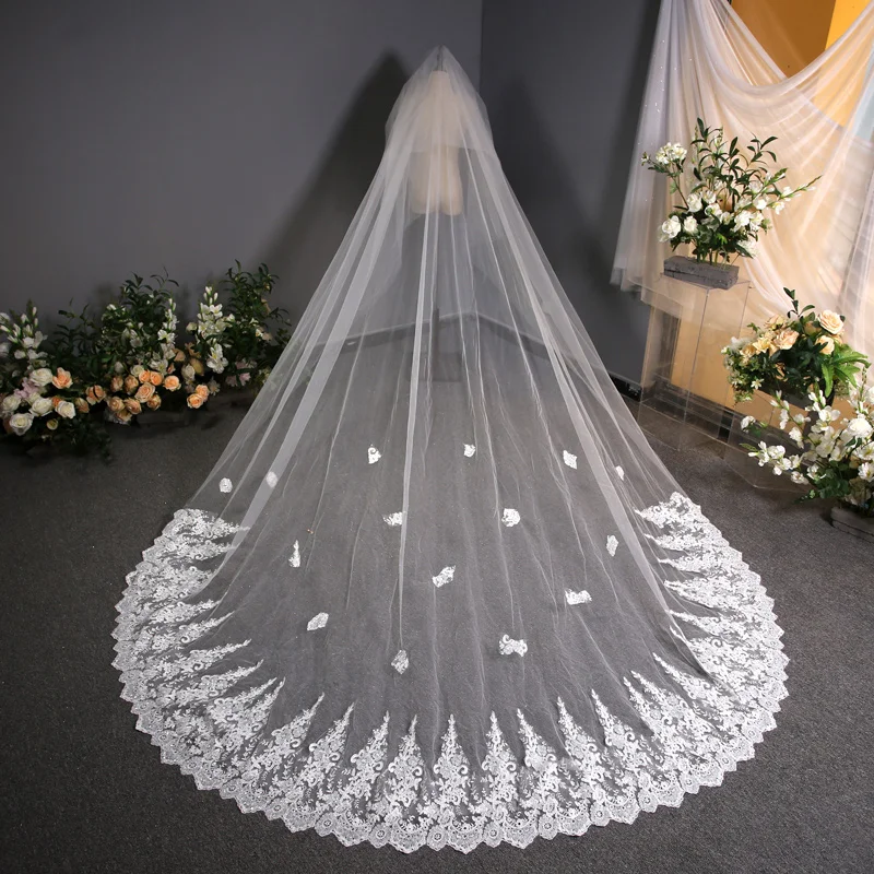 

Video New Princess Wedding Veils 2024 Real Photos 3.8M Lace Appliques Long Romantic Wedding Accessories 1 Layer Bridal Veils