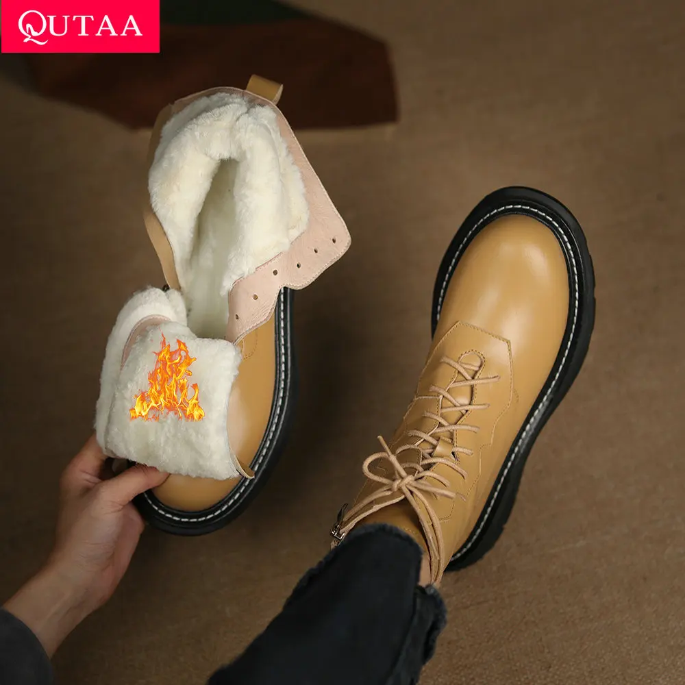 QUTAA 2022 Plush Lace Up Ankle Boots Genuine Leather Winter Round Toe Fashion Women Shoes Square Warm Wool Short Boots 34-42