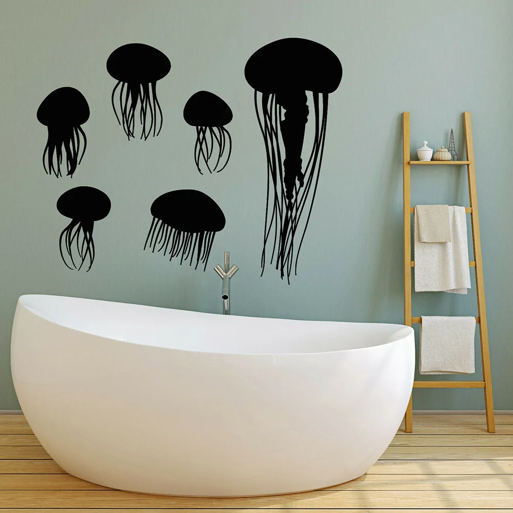 Jellyfish Vinyl Wall Decal for Bathroom Nautical Animals Beach Wall Stickers Decor Nursery Kids Room Bedroom Decoration W526