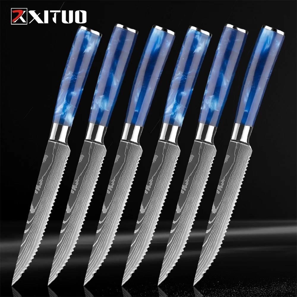 XITUO Steak Knife Set Damascus Pattern Stainless Steel Serrated Knife Beef Cleaver Multipurpose Restaurant Cutlery Table Knife