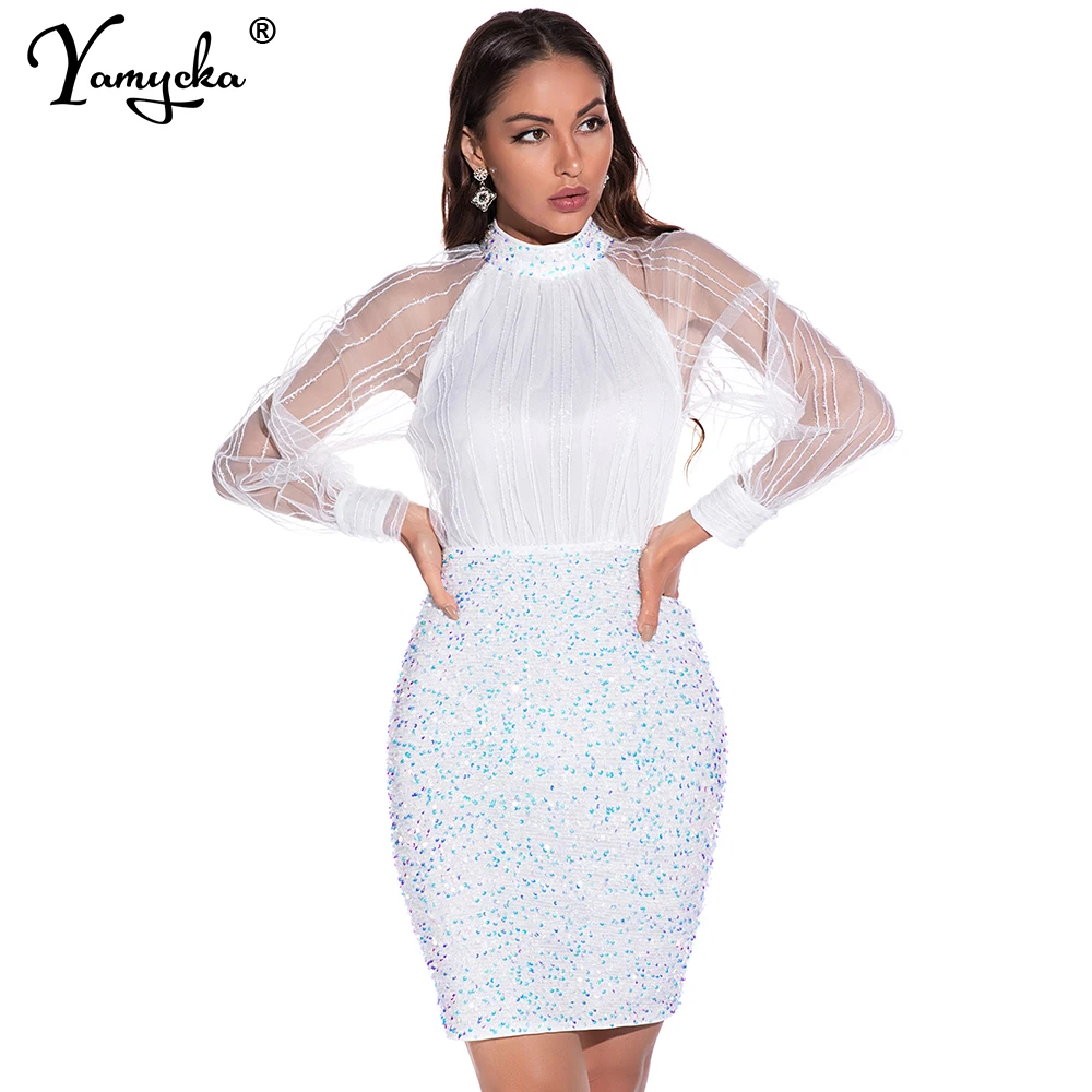 Sexy Dresses See through white sequin woman Summer dress women vintage glitter night club outfits bodycon party dress vestidos