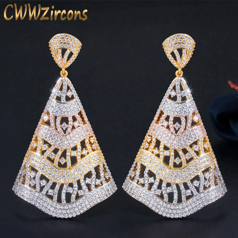 CWWZircons Bling Micro Pave CZ 3 Tone Rose Gold Color Large Long Drop Earrings for Bride Wedding Party Jewelry Accessories CZ674