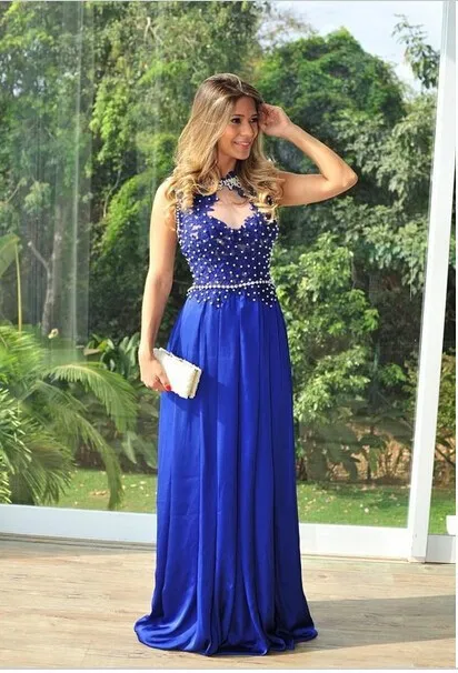 2015 Sexy Fashion Lange Blauwe Prom Dresses See Through Back Ontwerp Pageant Jurken Voor Dames Handgemaakte Royal Blue Avondjurk