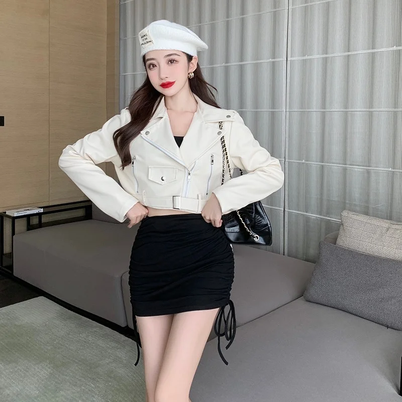 High Waist Moto Biker Casual Short Zipper Black Leather Jacket  Lapel Long Sleeve White Faux  Street Cardigan Top