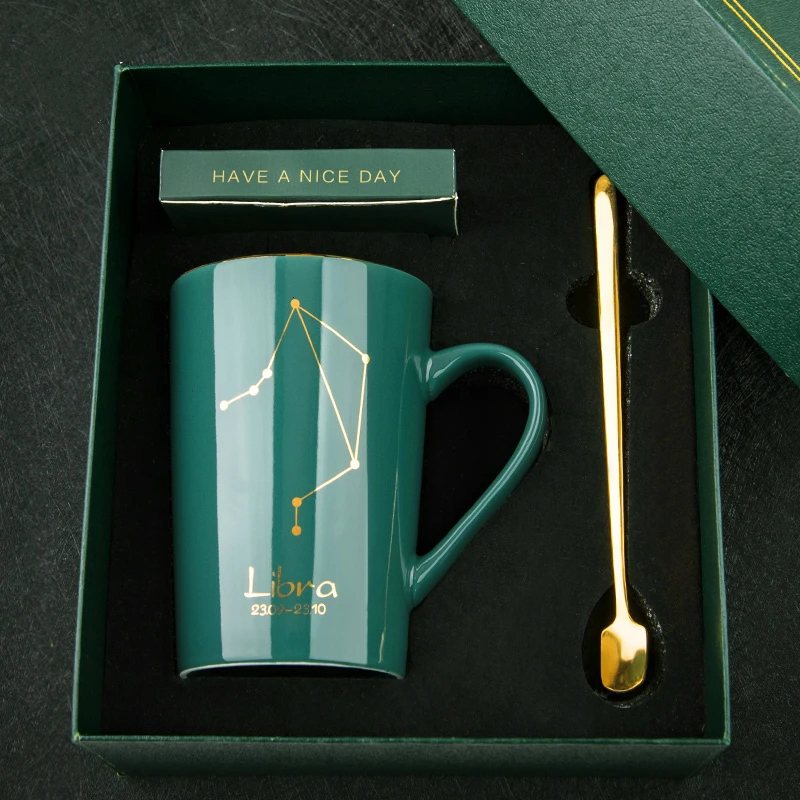 Original Constellation Ceramic Mug Dark Green Bone China Lemon Cup Household Coffee Cup Gift Box Lovers Cup Office Mug 420ml