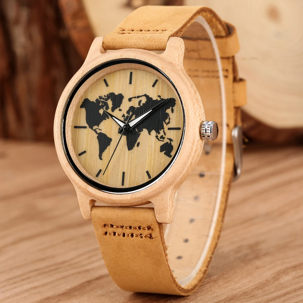 Reloj de madera con patrón de mapa del mundo de arce de tinta de arte Simple para mujer, correa de cuero, relojes de pulsera de madera de cuarzo