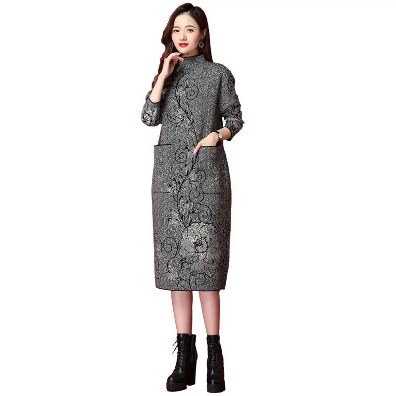 

2021 Vintage Plaid Knitted Long Sleeve Turtleneck Dress Women Pockets Casual Sweater Dresses Autumn Winter Women Elegant Dresse