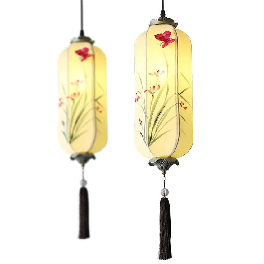 New Chinese orchid hand-painted fabric pendant lights hotel decor tea dining room lamp classical lantern pendant lamps lighting