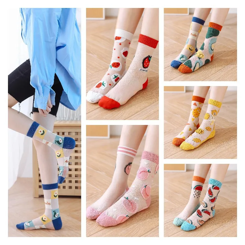 Spring Crystal Silk Glass Silk Sunscreen Socks Ladies Japanese Cute Cartoon Pattern Fruit Breathable Pile Pile Socks