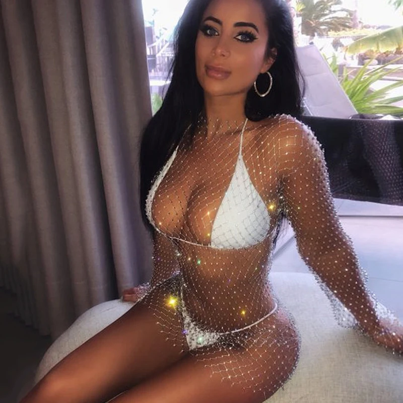 Summer Sexy Sequin Mesh Patchwork Dress Women Crochet Hollow Out Rhinestone Long Sleeve Party Club See Through Wrap Mini Dresses