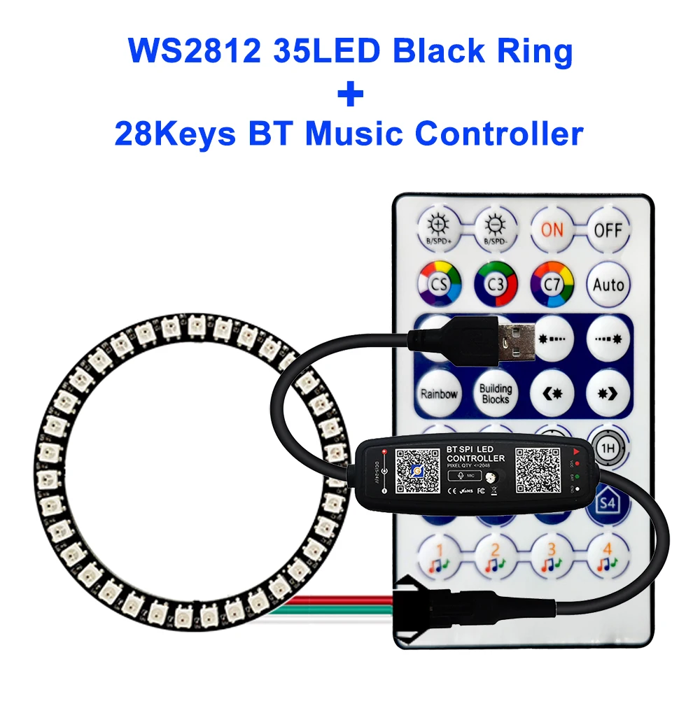 FUNZENXIN WS2812B Individuell adressierbarer LED-Ring 5050 RGB mit USB 28 Tasten Bluetooth-Musik-Controller-Kit BuiIt-in 8/16/24/35/45 Pixel 10