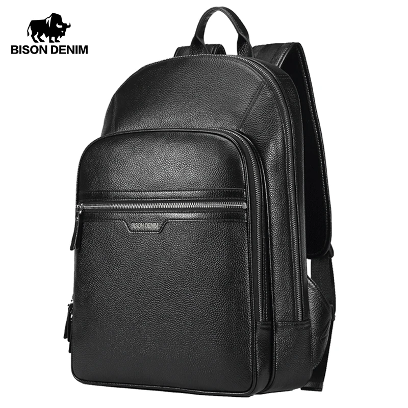 BISON DENIM-mochila de piel auténtica para hombre y mujer, morral impermeable para ordenador portátil de 14 pulgadas, mochila escolar de viaje, N2337