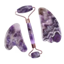 Amethyst Roller Face Gua Sha Tool Set Natural Stone Facial Health Care Massage Crystal Quartz Spa Acupuncture Scraping Massager