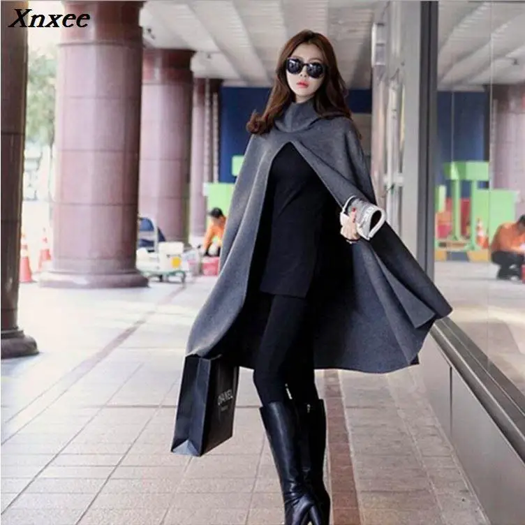 Medi Length Cloak Batwing Sleeve Woolen Coat Women Woolen Jakcets Autumn Winter New Hooded Windbreaker Coats Female Woolen Coat