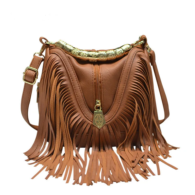 Women\'s PU Bags European and American Trendy Bucket Fringe Handbags Shoulder Messenger Bags