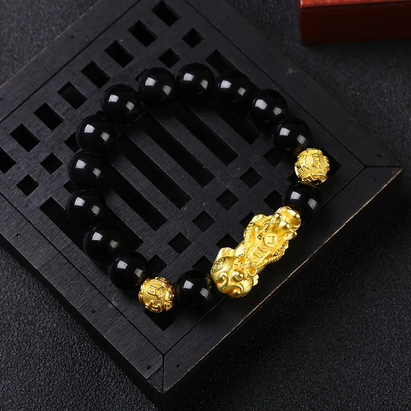 Obsidian Sha Jin Pixiu Stone Beaded Bracelet with Golden Pixiu Charms endant for Men Buddhist Jewelry