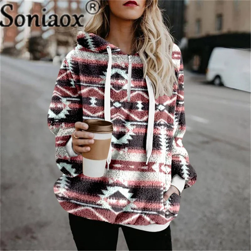 Women Ethnic Print Hooded Sweatshirt 2021 Autumn Winter Warm Long Sleeve Casual Hoodies Collar Female Drawstring Pullovers Tops