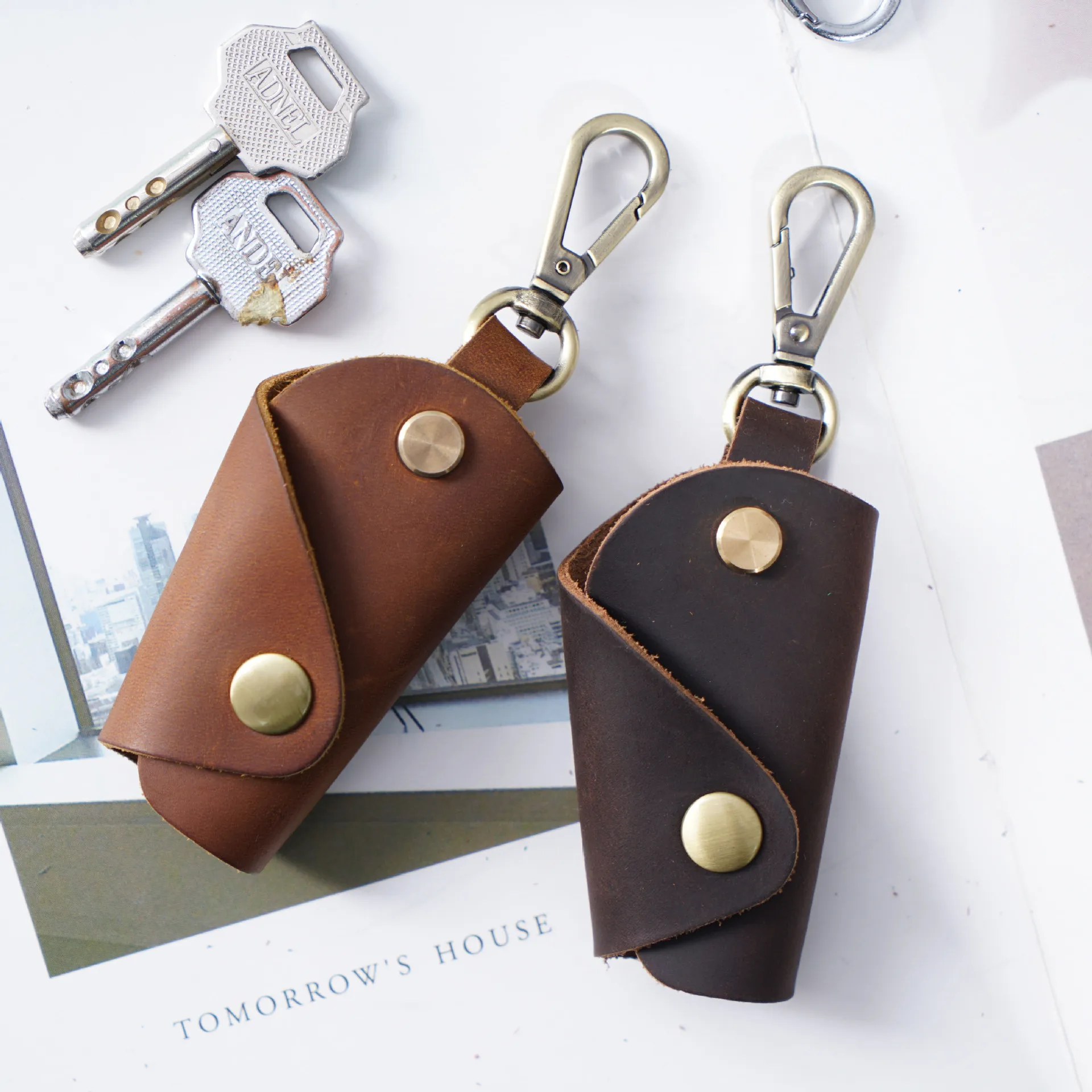 Vintage Car Key Case Keys Pouch Genuine Leather KeyChain Unisex Key Bag Multifunction Organizer Wallet Holder Smart Housekeeper