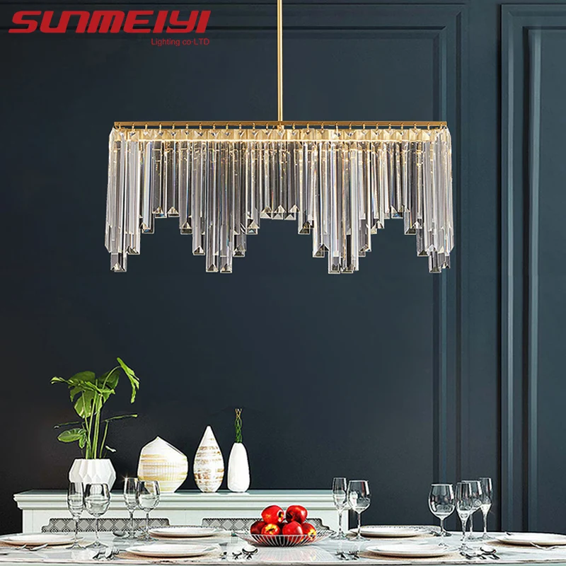 Nordic Rectangular Crystal Restaurant Lamp Modern Simple Gold Full Copper Light Luxury Living Room Led Villa Table Chandelier