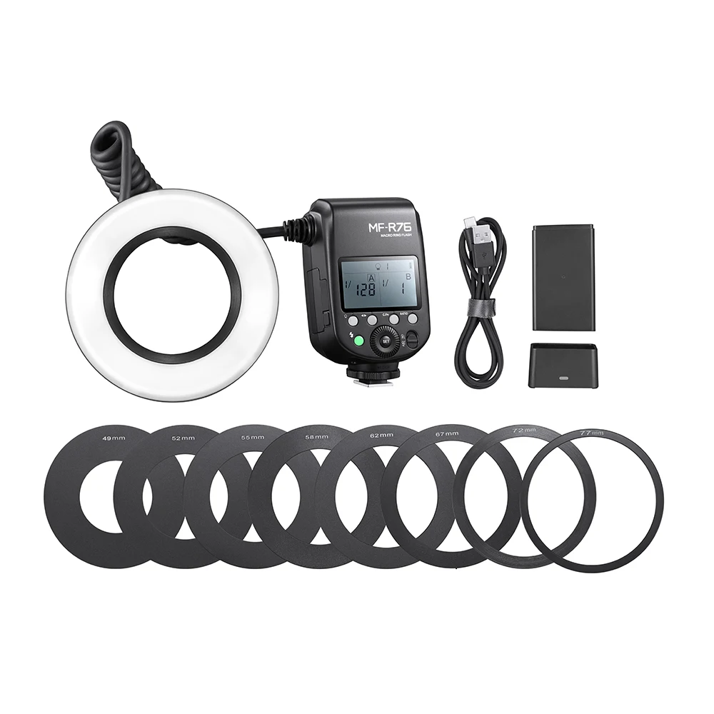 Godox MF-R76 ماكرو LED مصباح مصمم على شكل حلقة 5000K RING76 ماكرو عن قرب Speedlite ضوء فلاش لكانون نيكون 6D 7D 60D 70D كاميرات DSLR