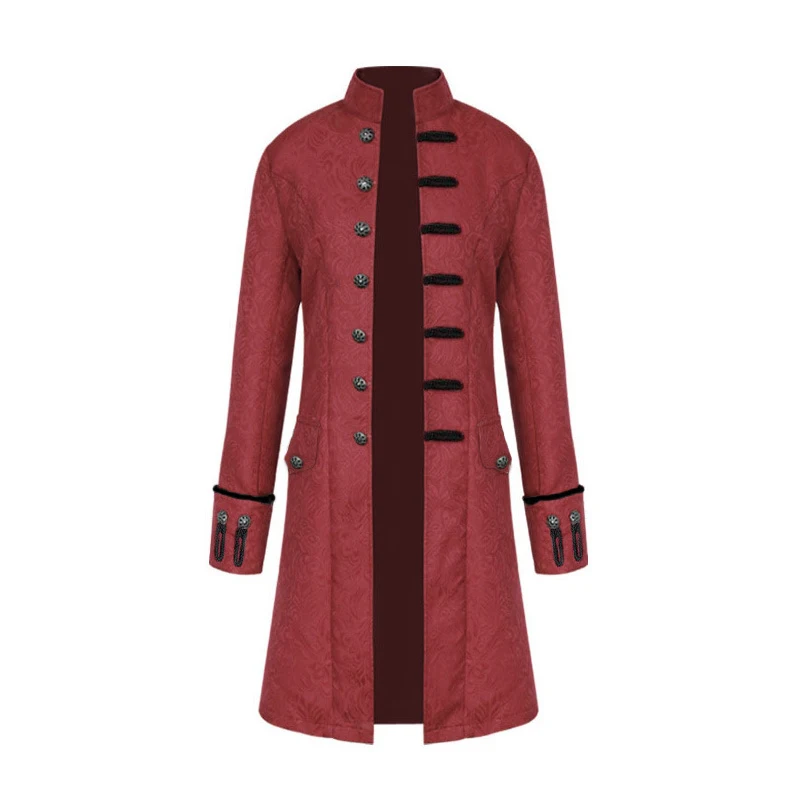 Medieval Renaissance Jacket Cosplay Costume Men Dark Red Victoria Steampunk Trench Coat Frock Outwear Vintage Prince Overcoat