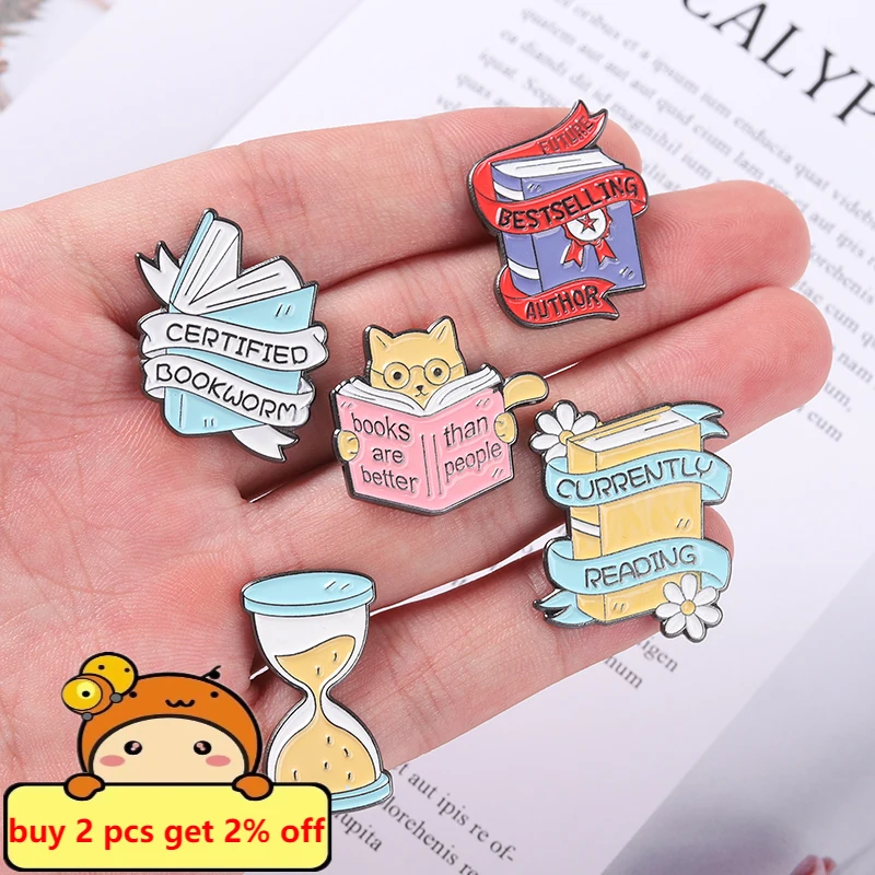 Reading Time! Bookish Dialogue Lapel Pins Hourglass Brooches Funny Book Collar Metal Badges Jewelry Gifts for Student Teacher