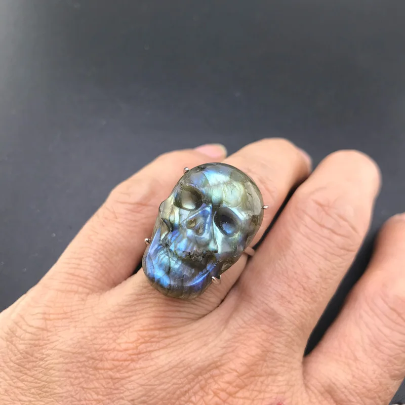 CSJ Natural Labradorite Skull Ring Sterling 925 Silver Moonstone Sunstone for Man Women Party Birthday Jewelry Gift Wholesale